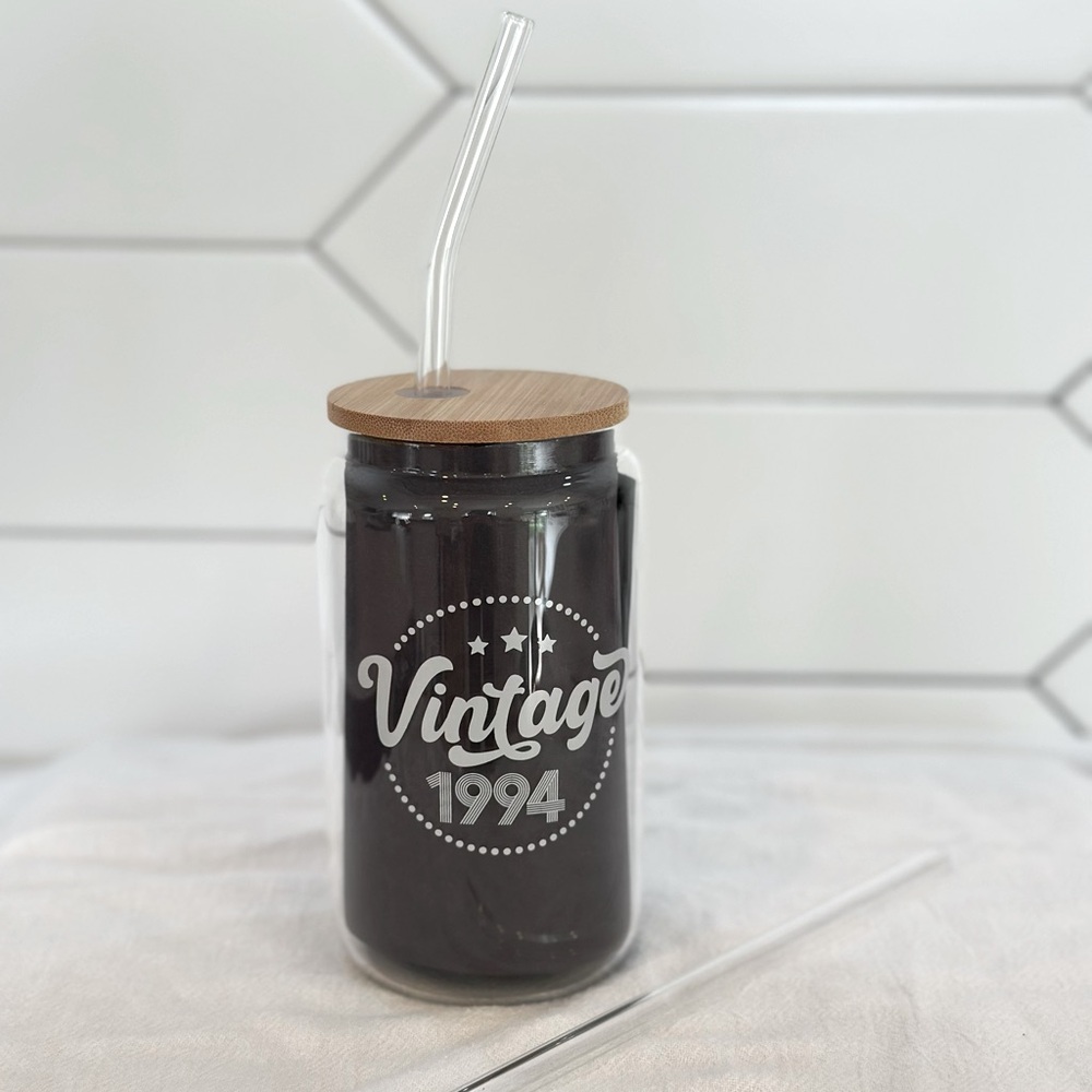 Cute coffee glass with lid and two straws. Vintage 1994